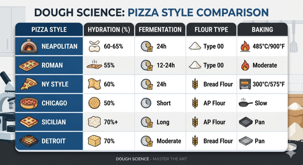 Dough Science comparison chart of pizza styles showing technical data for hydration percentage, fermentation time, flour type, and baking temperature for Neapolitan, Roman, NY Style, Chicago, Sicilian, and Detroit pizzas.