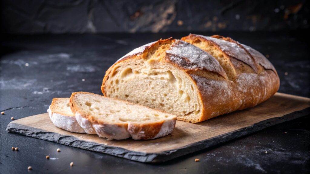 Artisan bread sliced on wooden board showing crumb structure and hydration level with soft airy interior and crispy crust