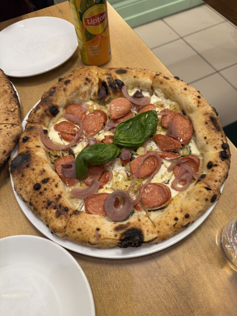 Authentic Neapolitan pizza with fresh mozzarella and basil featuring professional leopard spotting in a home oven.