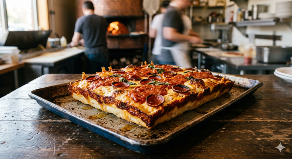 A professional close-up photograph of a fresh Detroit Style pizza in a dark steel pan. It features a caramelized, dark, and crispy cheese 