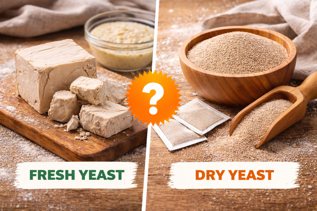 Dry Yeast vs Fresh Yeast A side-by-side comparison of Fresh Yeast block and Dry Yeast granules for pizza dough