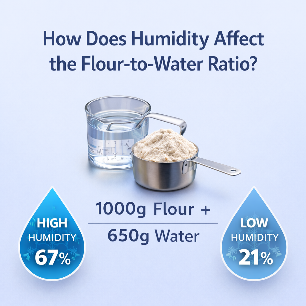 How humidity affects pizza dough hydration and flour to water ratio with visual comparison of high and low humidity conditions