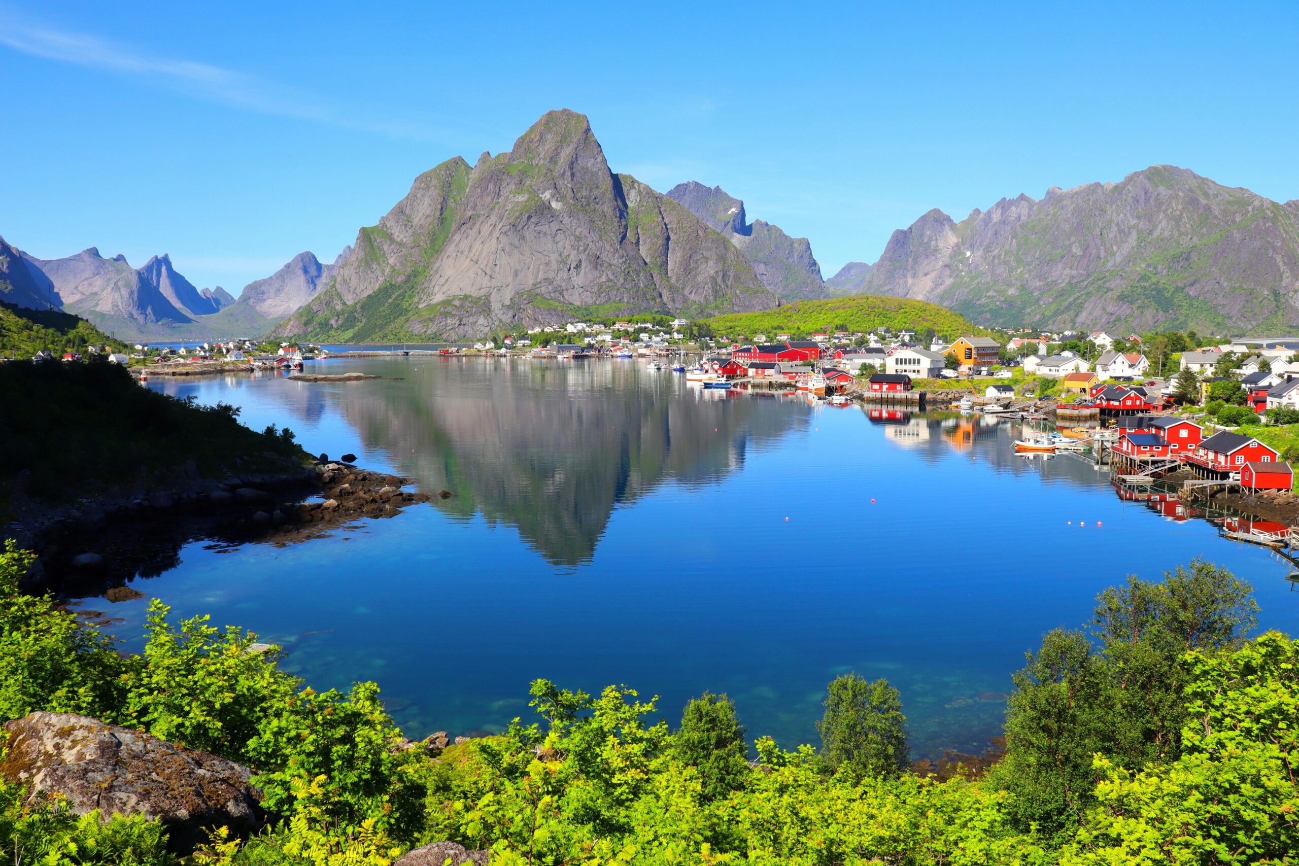 Scenic landscape of Lofoten Islands with clear blue skies and reflections on the water.