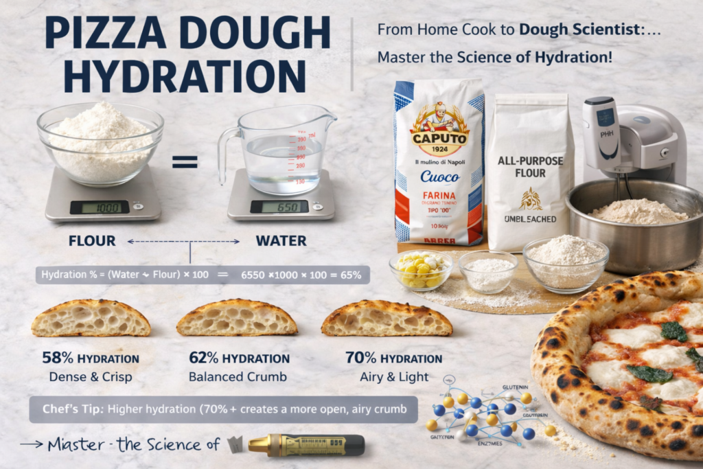 Pizza dough hydration example showing 1000g flour and 650g water for 65 percent hydration calculation