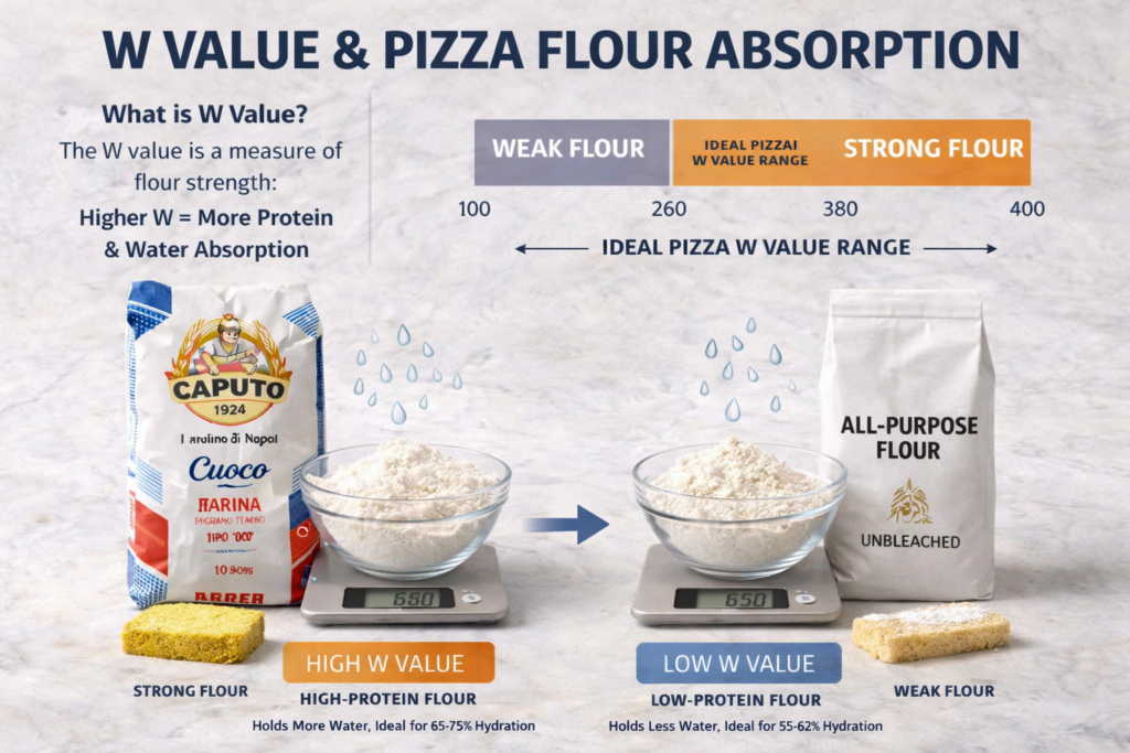Pizza flour W value comparison showing high protein flour absorbing more water versus low protein flour with lower hydration capacity